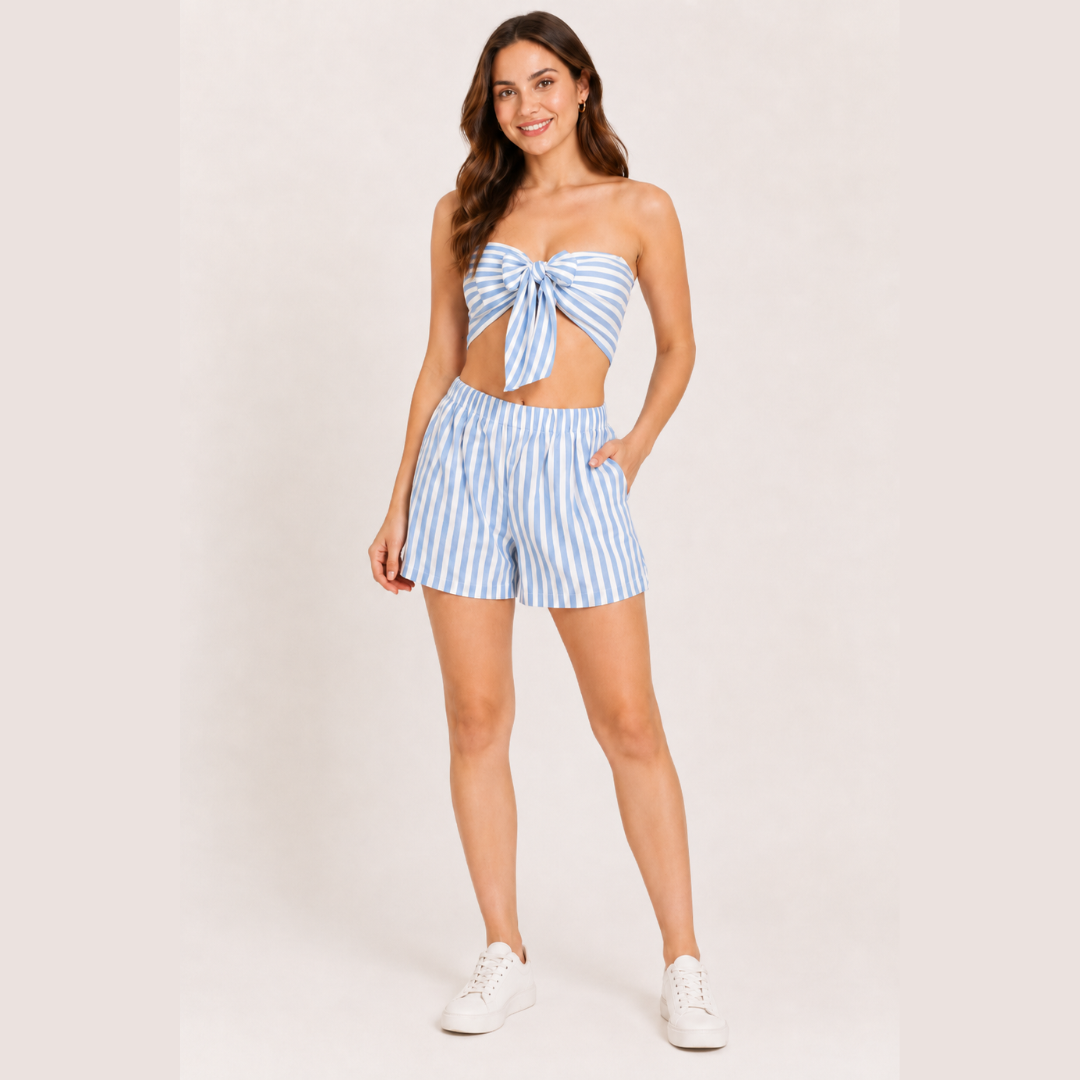 Conjunto Playero Lazo Top y Short Lino Rayas