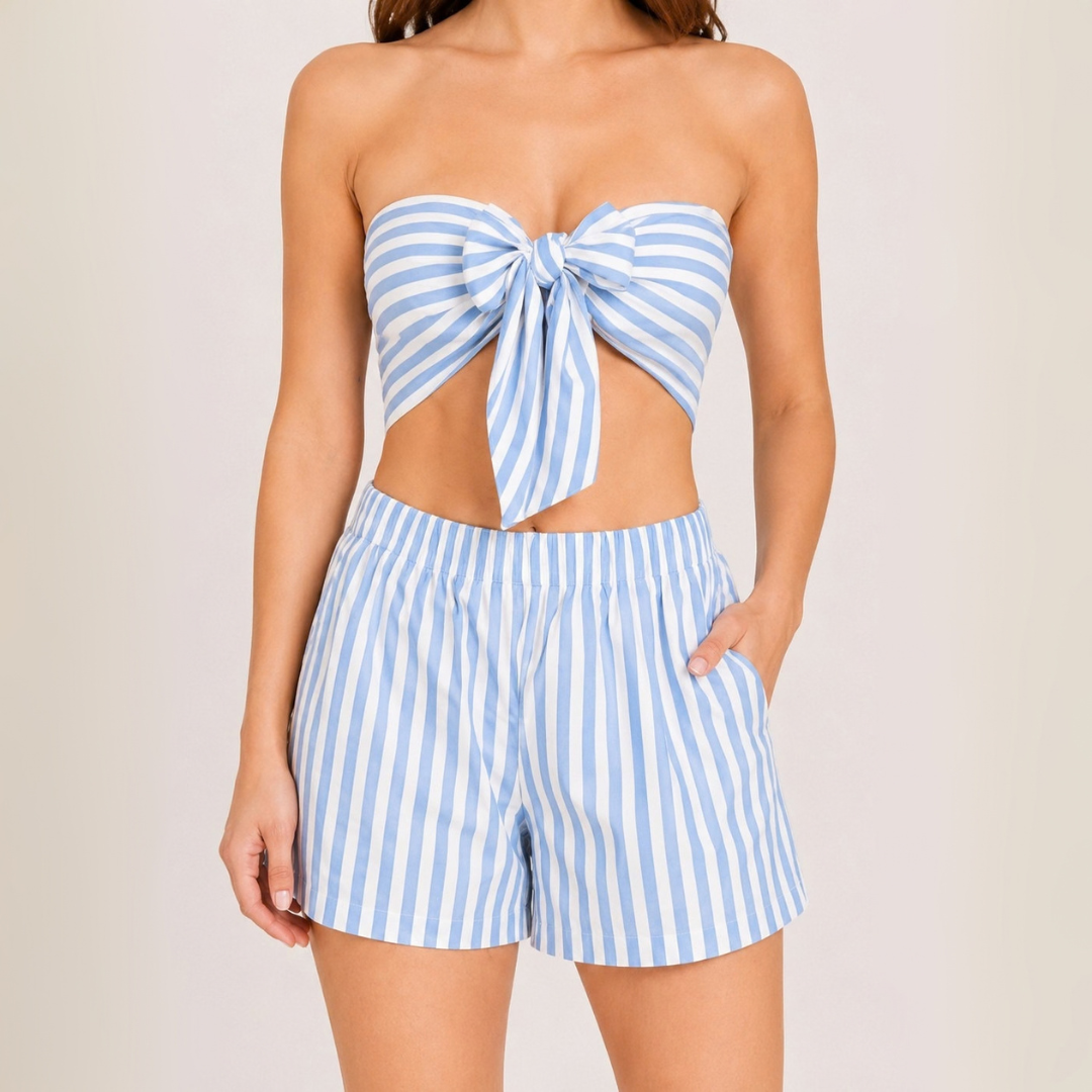 Conjunto Playero Lazo Top y Short Lino Rayas