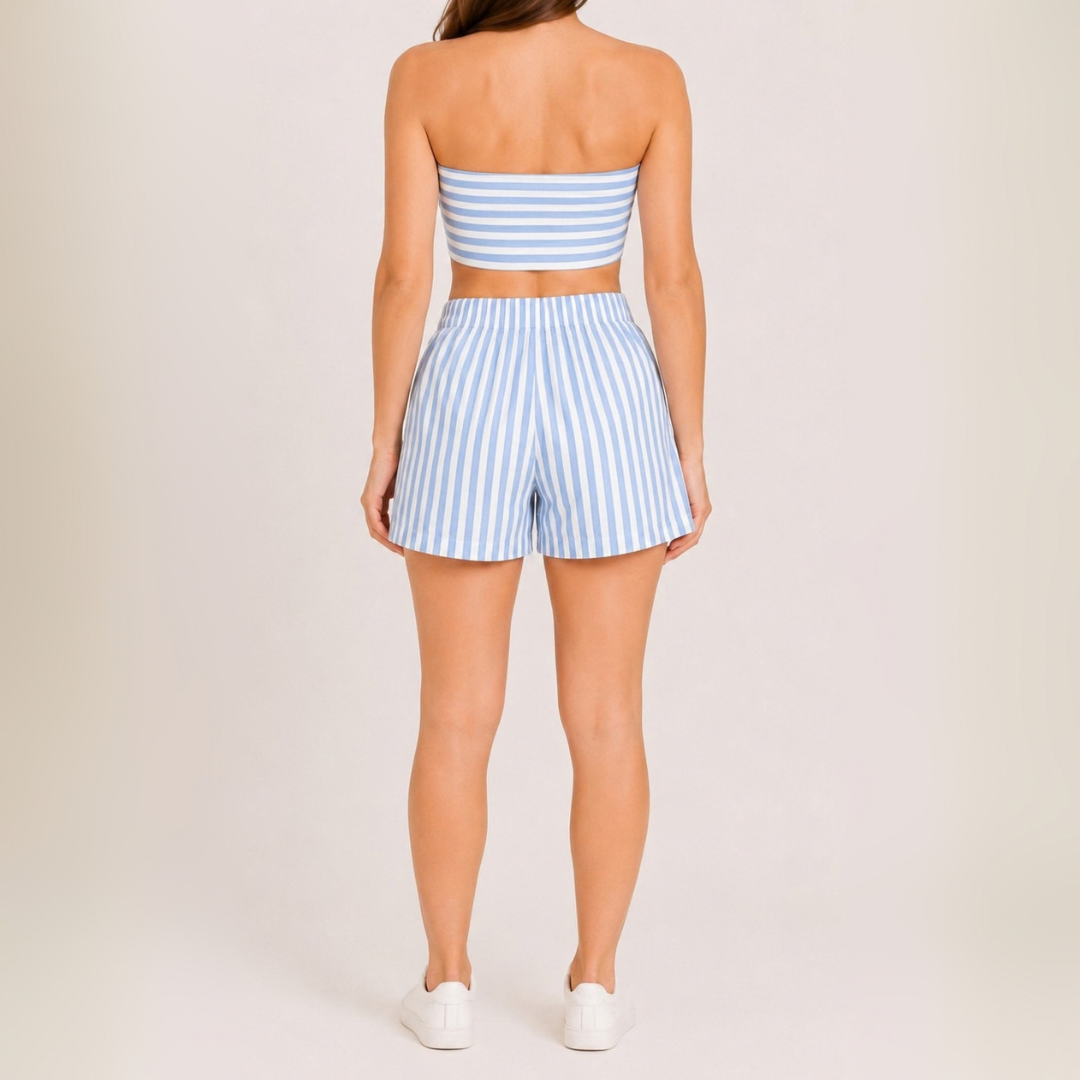 Conjunto Playero Lazo Top y Short Lino Rayas
