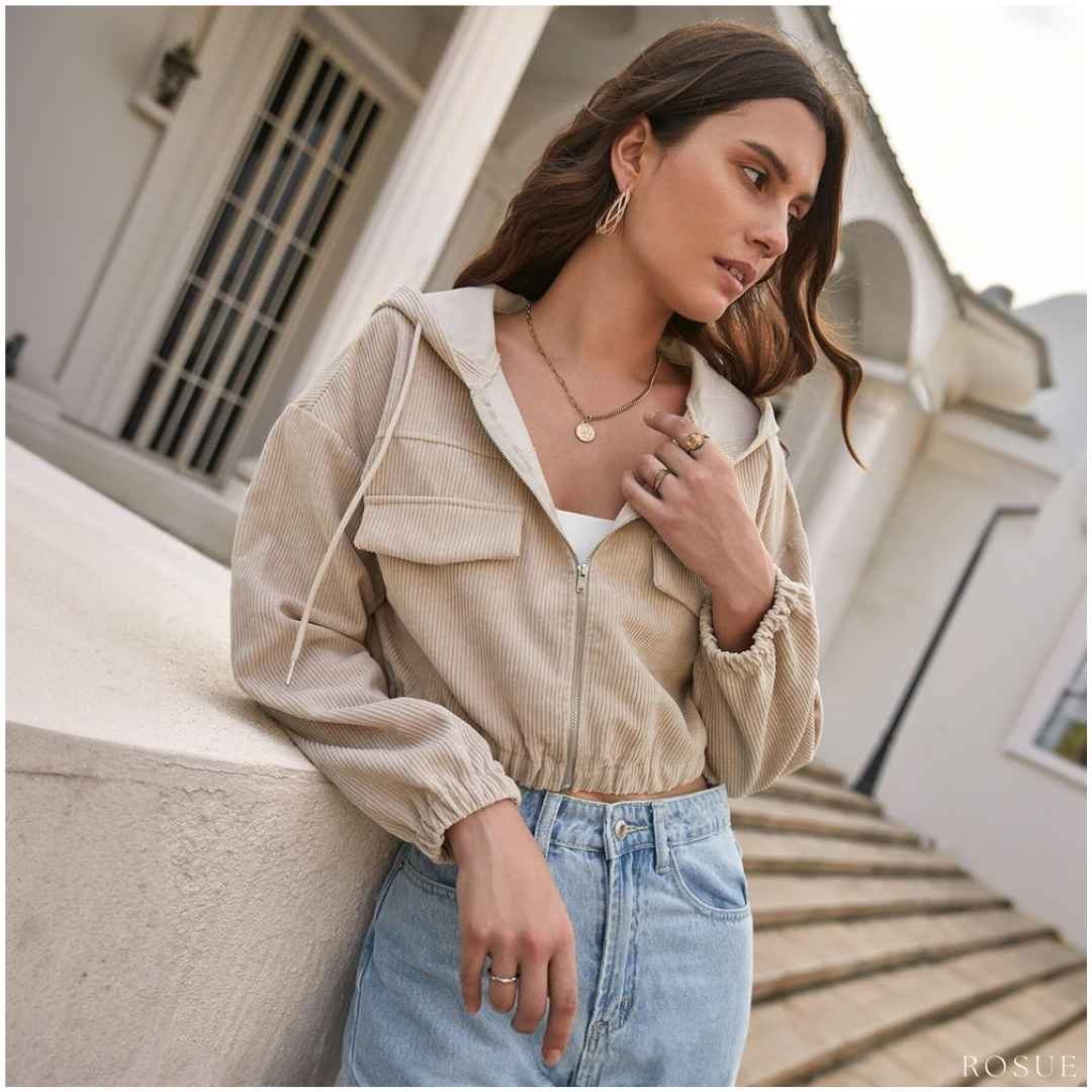 Casaca De Mujer Corduroy Estilo Crop Con Capucha