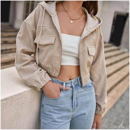 Casaca De Mujer Corduroy Estilo Crop Con Capucha