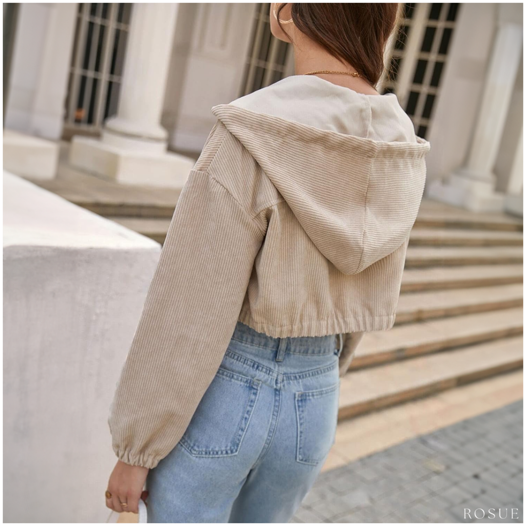 Casaca De Mujer Corduroy Estilo Crop Con Capucha