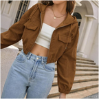 Casaca De Mujer Corduroy Estilo Crop Con Capucha