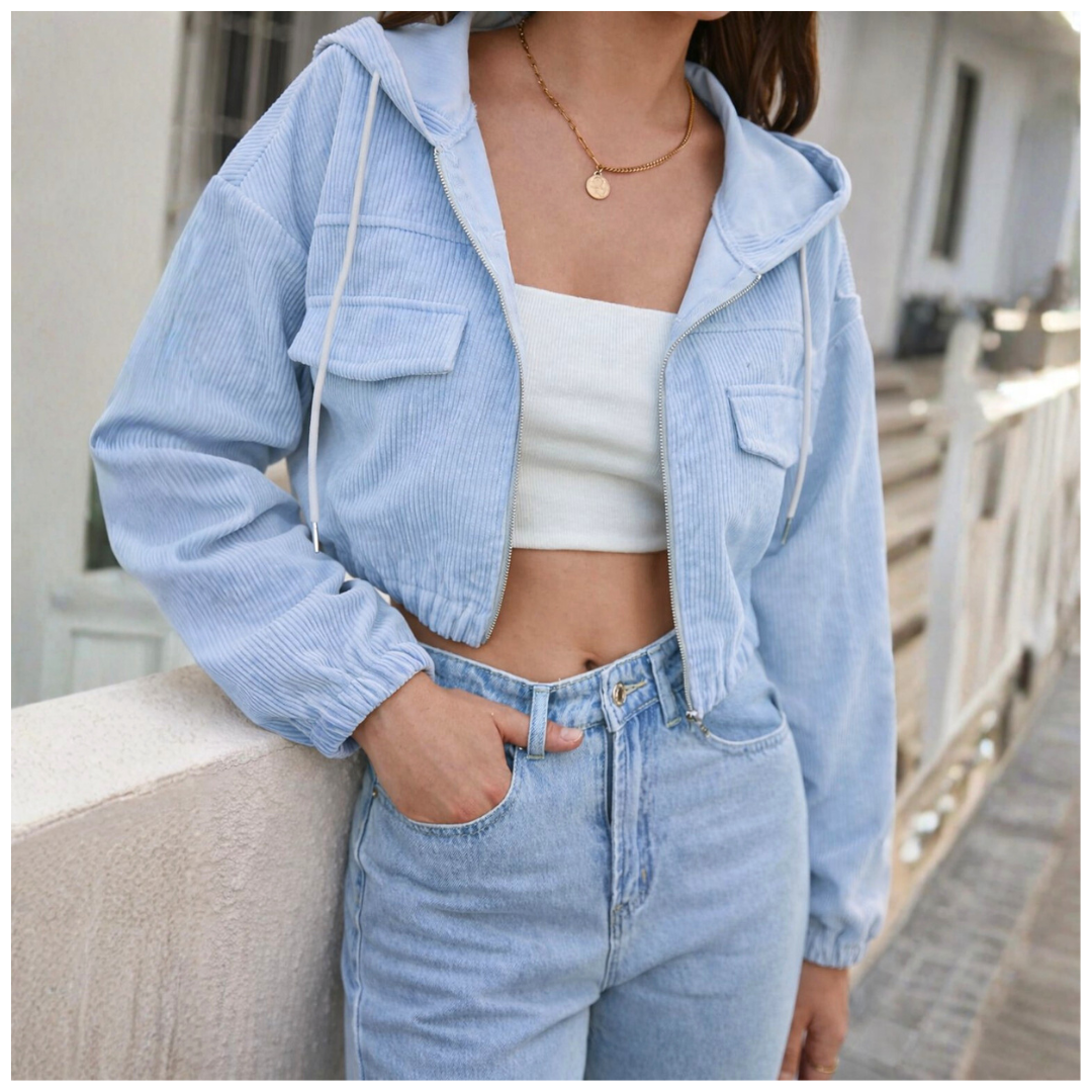 Casaca De Mujer Corduroy Estilo Crop Con Capucha